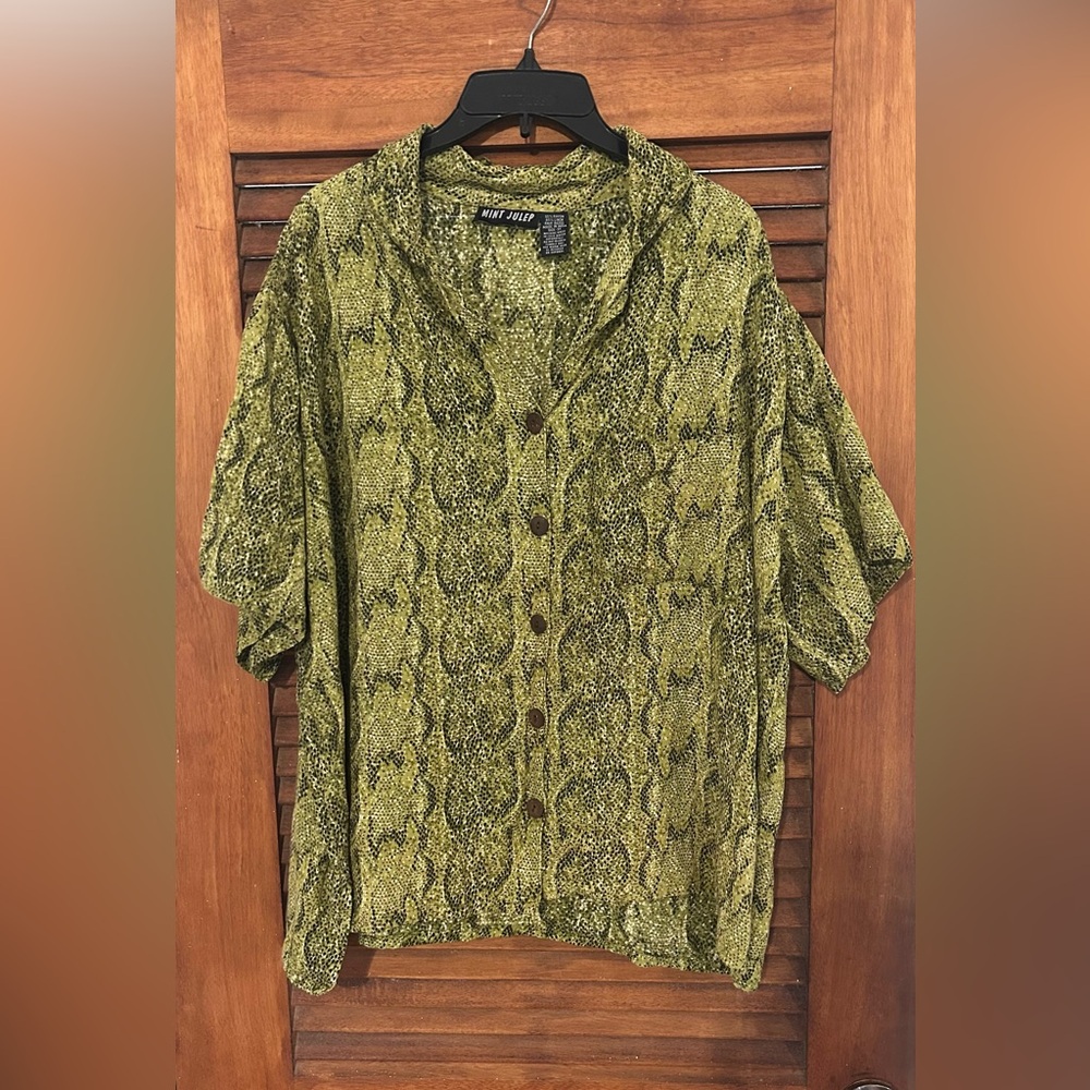 MINT JULEP Snakeskin Linen Blend Casual Button Down Baggy Safari Shirt Size 3X